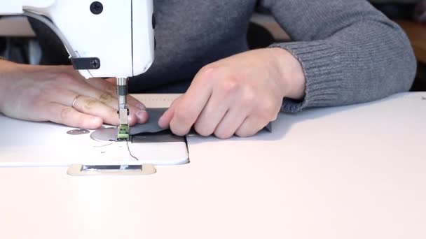 Man Sews Sewing Machine Close — Stock Video