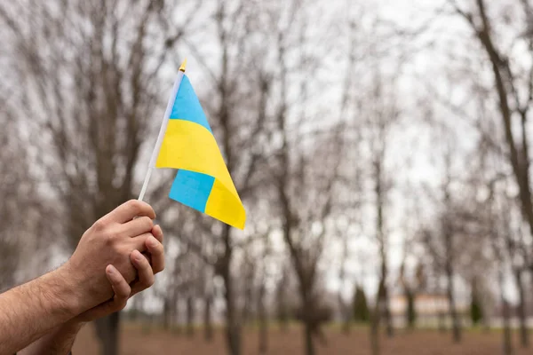 Gelb Blaue Flagge Der Ukraine Den Händen Freiraum Für Text — Stockfoto