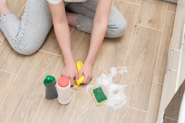 Woman Washes Parquet Detergents Washcloth Foam House Cleaning — 스톡 사진
