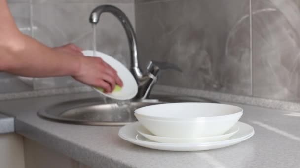 Washing Dishes Hands Sink Kitchen Close — Stock Video