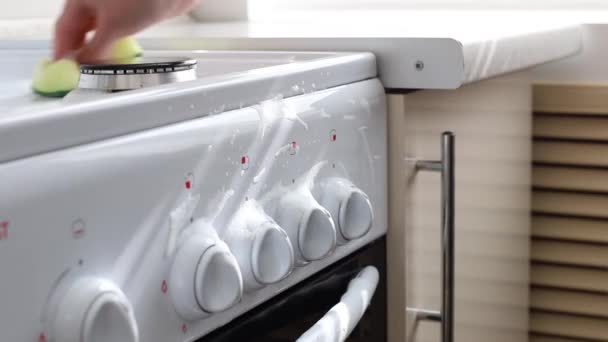 Πλύνετε Σόμπα Στην Κουζίνα Σφουγγάρι Αφρό Από Κοντά Υπηρεσία Καθαρισμού — Αρχείο Βίντεο