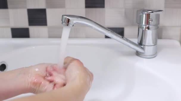 Wash Hands Running Water Tap Bathroom Sanitation Antibacterial — Video Stock
