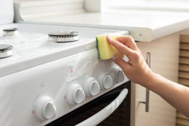 wash the stove in the kitchen with a sponge for cleaning from grease