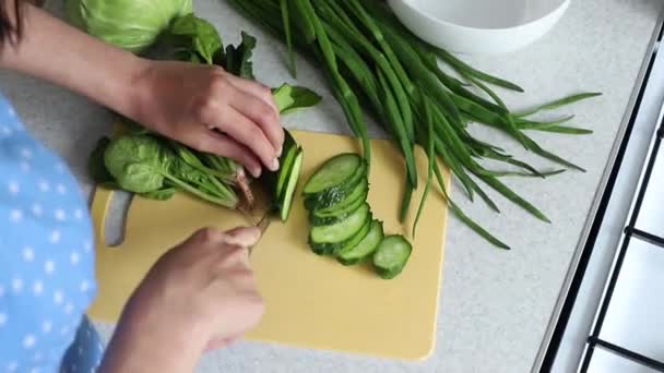 Ama Casa Corta Pepino Para Ensalada Cocina Primer Plano Alimentación — Vídeos de Stock