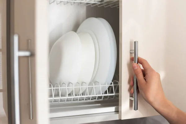 Take Clean Plates Shelf Kitchen Close — Stock Photo, Image