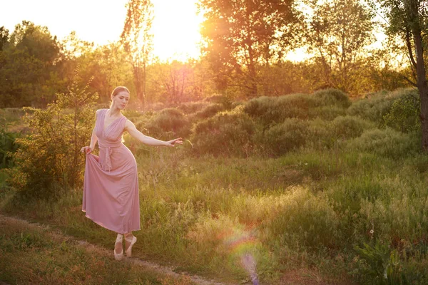 Eine Tänzerin Spitzenschuhen Der Natur Bei Sonnenuntergang Banner — Stockfoto