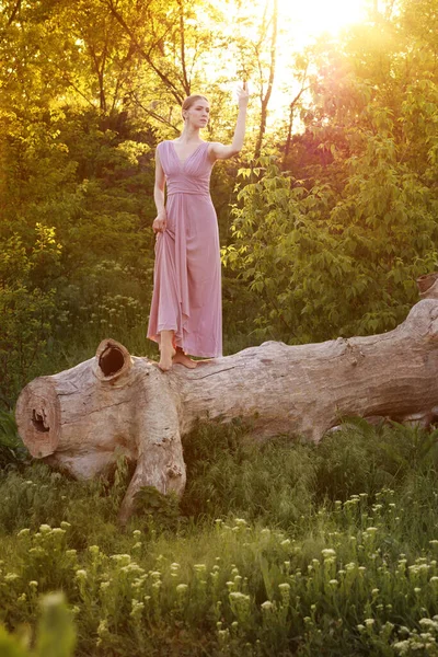 Mladá Žena Dlouhých Šatech Přírodě Letním Západu Slunce — Stock fotografie