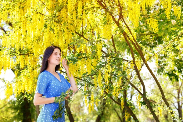 Uma Mulher Atraente Perto Uma Árvore Amarela Passeio Verão — Fotografia de Stock