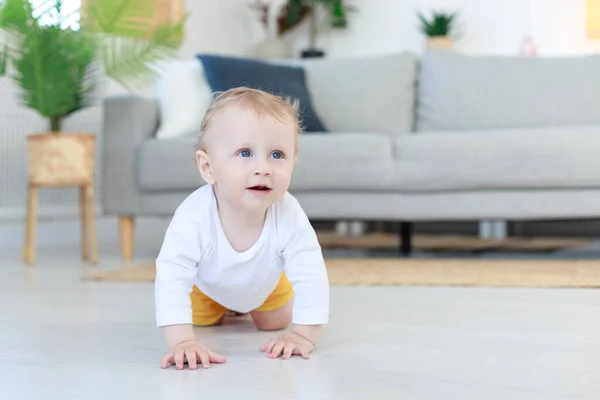 Baby Crawls Living Room First Steps — Zdjęcie stockowe
