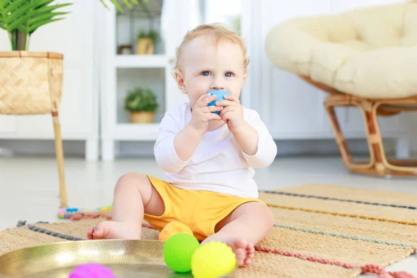 Baby Gnaws Toy While Sitting Living Room Teeth Erupt — Zdjęcie stockowe