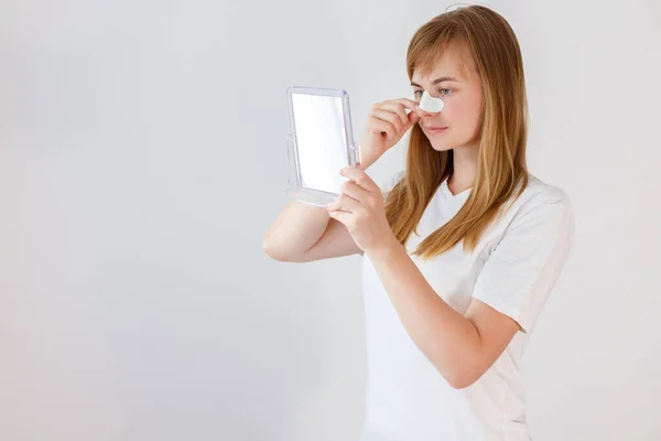Woman Using Adhesive Stick Nose Acne — Stockfoto
