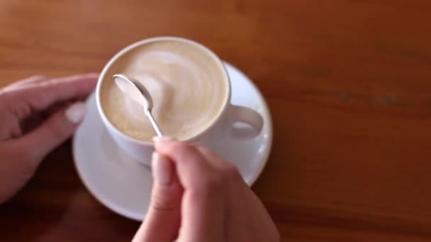 Close Woman Stirring Thick Foam Cappuccino — Stockvideo