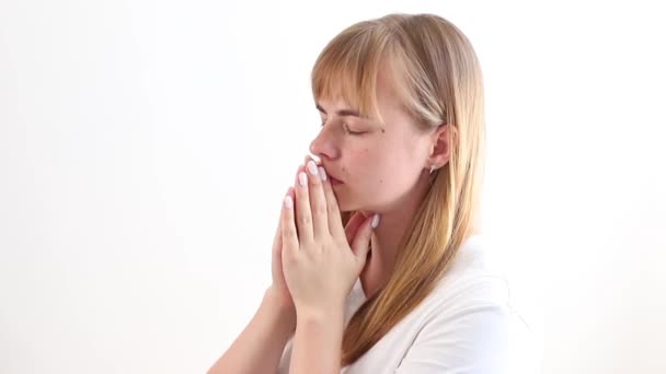 Woman Prays Says Prayer White Background — Stockvideo