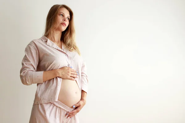 Pregnant Happy Mother Caressing Her Belly Woman Hands Touching Her — Stok Foto