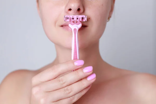 Face Hair Depilation Woman Shaving Upper Lip Razor Beautiful Young — Stock Photo, Image