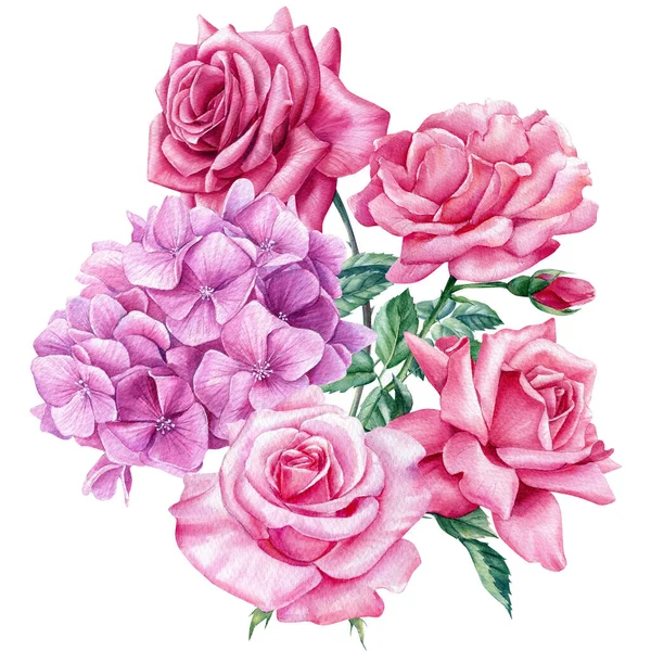 Ніжні квіти гортензія, лілія і троянди, акварельний букет на ізольованому білому тлі — стокове фото