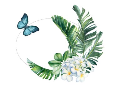 Çerçeve, tebrik kartı, suluboya tropikal yapraklı davetiye, çiçekler mavi kelebek kırlangıç kuyruğu