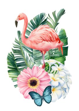 Suluboya palmiye yaprakları, çiçekler ve kuşlar. Resimli tesisat, kelebek mavi kırlangıç kuyruğu ve pembe flamingo.