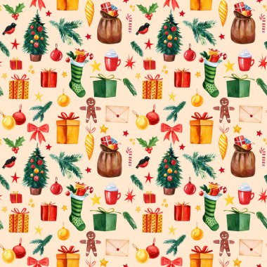 Noel ve Noel oyuncakları ve hediyelerle dolu kusursuz yeni yıl şablonu. Moda modası. Suluboya çizimi