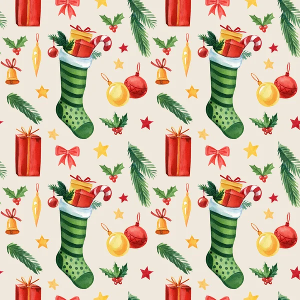 Natale e Felice Anno Nuovo modello senza soluzione di continuità con giocattoli di Natale e regali. Stile retrò alla moda. Illustrazione ad acquerello — Foto Stock