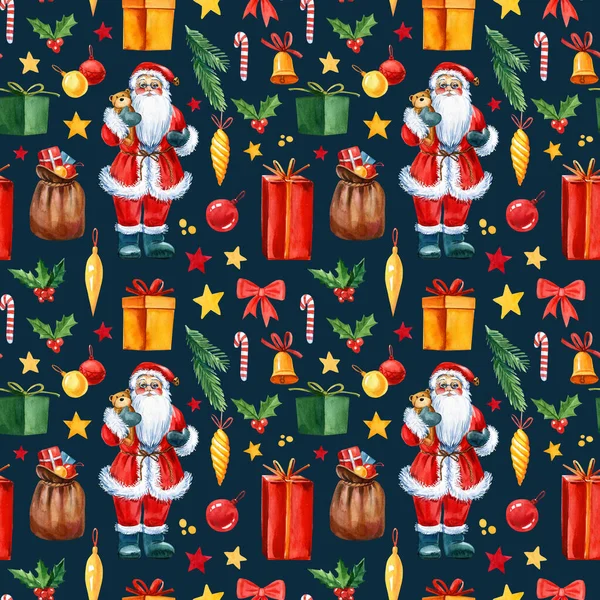 Jul och Gott Nytt År sömlöst mönster med jultomten och presenter. Trendig retrostil. Akvarell illustration — Stockfoto