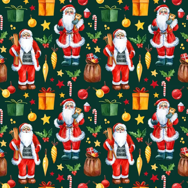 Boże Narodzenie i Szczęśliwego Nowego Roku bezproblemowy wzór z Mikołajem i prezenty. Modny styl retro. Ilustracja akwarela — Zdjęcie stockowe