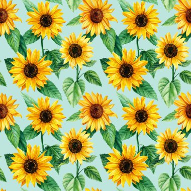 Suluboya ayçiçekleri. Çiçeklerle kusursuz desen. Paket kağıdı ve tekstil baskısı için el çizimi illüstrasyon.