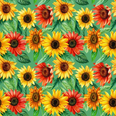 Ayçiçeği çiçekleriyle kusursuz desen. Kağıt ve tekstil baskısı için suluboya El çizimi.