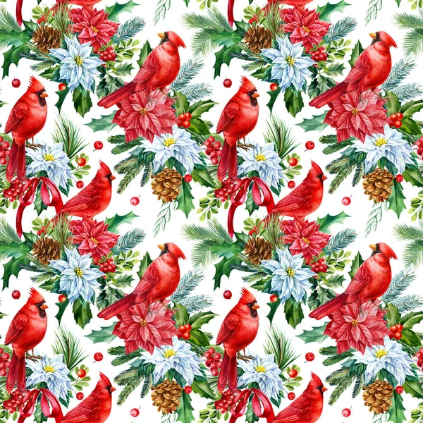 Nahtloses Muster mit roten Vögeln, Winterpflanzen, Weihnachtsstern, Stechpalmen, Beeren und Blättern. Aquarellillustration — Stockfoto
