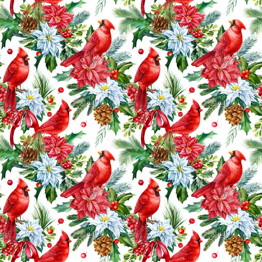 Seamless pattern with red birds, winter plants, poinsettia, holly, berries and leaves. Watercolor illustration