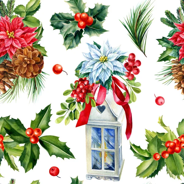 Бесшовный рисунок с зимними растениями, конусом, фонариком. Акварель, листья падуба, ягоды для обертывания бумаги. — стоковое фото