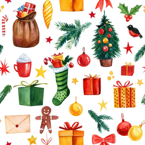 Kerstmis en Gelukkig Nieuwjaar naadloos patroon met kerstspeelgoed en geschenken. Trendy retro stijl. Aquarelillustratie — Stockfoto