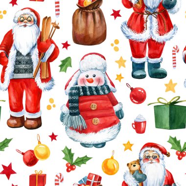 Kardan adam, Noel Baba ve hediyelerle Noel ve yeni yılınız kusursuz geçsin. Suluboya çizimi