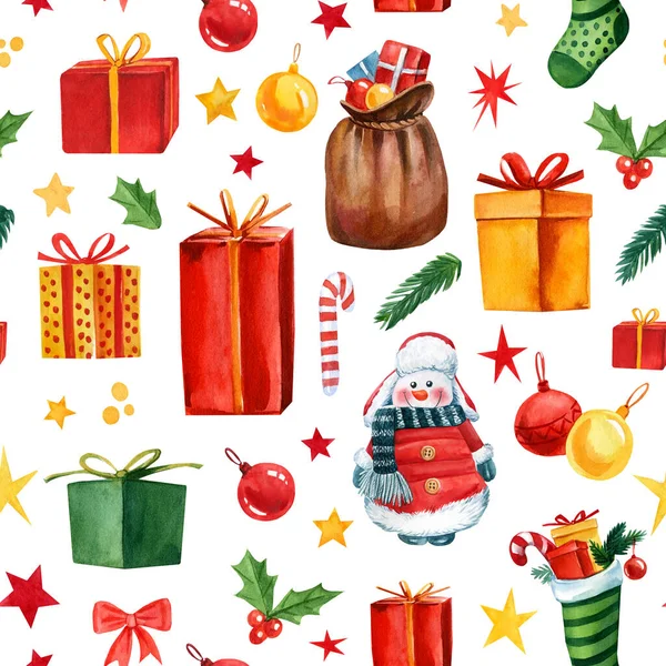 Χριστούγεννα και Ευτυχισμένο το Νέο Έτος απρόσκοπτη μοτίβο με χιονάνθρωπο, χριστουγεννιάτικα παιχνίδια και δώρα. Εικονογράφηση υδατογραφίας — Φωτογραφία Αρχείου