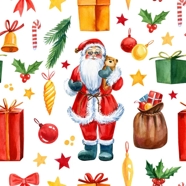 Święty Mikołaj i prezenty. Boże Narodzenie i Szczęśliwego Nowego Roku bezproblemowy wzór. Ilustracja akwarela — Zdjęcie stockowe