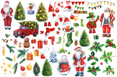 Kış tasarım elementleri. Noel Baba, Noel Baba, Noel ağacı, kırmızı araba, kartopu ve kardan adam. Suluboya çizimi beyaz arkaplanda izole edildi. Yüksek kaliteli illüstrasyon