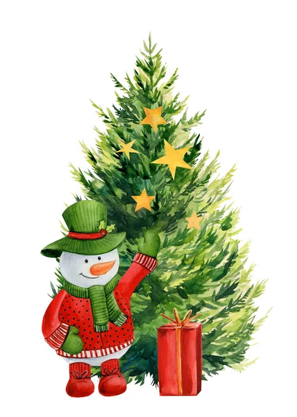 Kerstboom en sneeuwpop. Met de hand geschilderde illustratie. Aquareltekening. vakantiekaart — Stockfoto