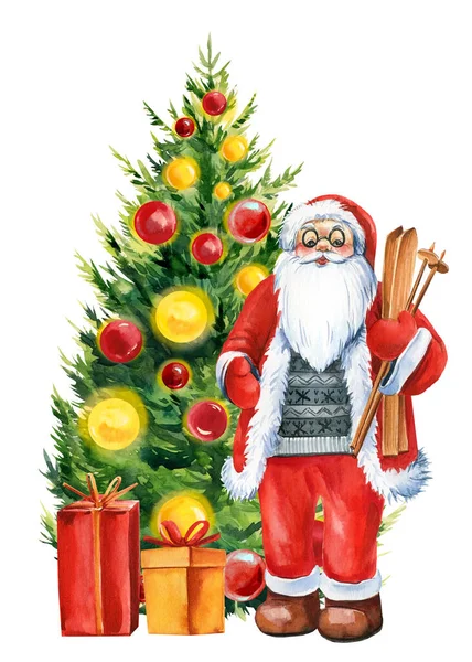 Рождественская елка и Санта Клаус. Ручная роспись. Акварель — стоковое фото