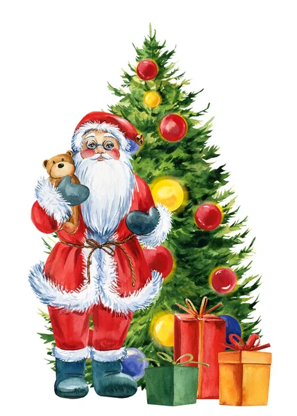 圣诞树和圣诞老人。手绘插图。水彩画。假日海报 — 图库照片