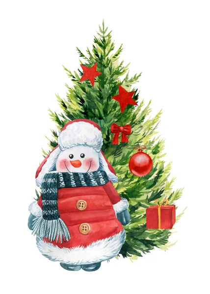 Kerstboom en sneeuwpop. Met de hand geschilderde illustratie. Aquareltekening. vakantiekaart — Stockfoto