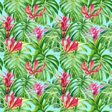 Tropik dikişsiz canavar yaprakları ve çiçekler, suluboya resimleme. Çiçek arkaplan, dijital kağıt