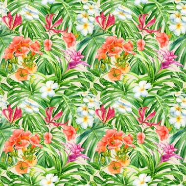 Tropik dikişsiz canavar yaprakları ve çiçekler, suluboya resimleme. Çiçek arkaplan, dijital kağıt