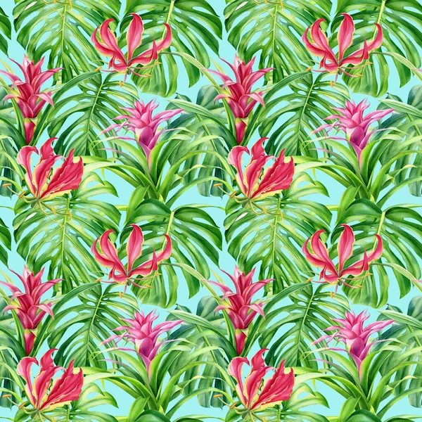 Patrón tropical sin costuras de hojas y flores de monstera, ilustración de acuarela. Fondo floral, papel digital — Foto de Stock