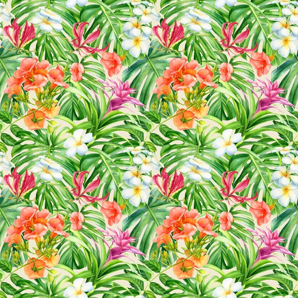 Tropical seamless pattern of monstera leaves and flowers, watercolor illustration. Floral background, digital paper — Stock Photo, Image