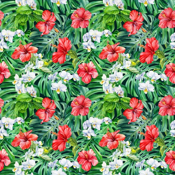 Tropical monstera leaves and orchid, hibiscus flowers, Exotic seamless pattern. Acuarela Ilustración pintada a mano. —  Fotos de Stock