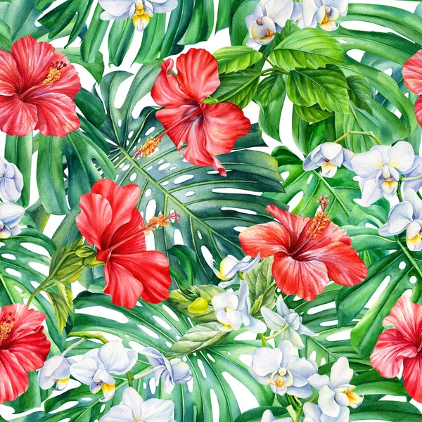 Tropische Monsterblätter und Orchideen, Hibiskusblüten, exotisches, nahtloses Muster. Aquarell Handgemalte Illustration. — Stockfoto