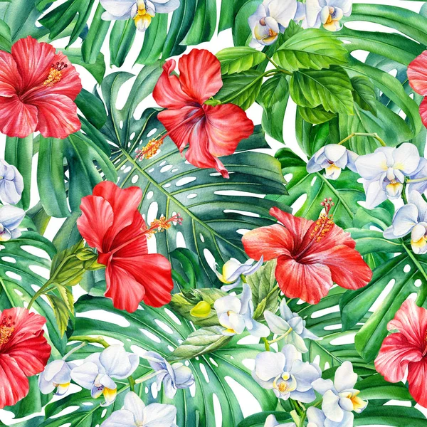 Tropical monstera leaves and orchid, hibiscus flowers, Exotic seamless pattern. Watercolor Hand painted illustration. 