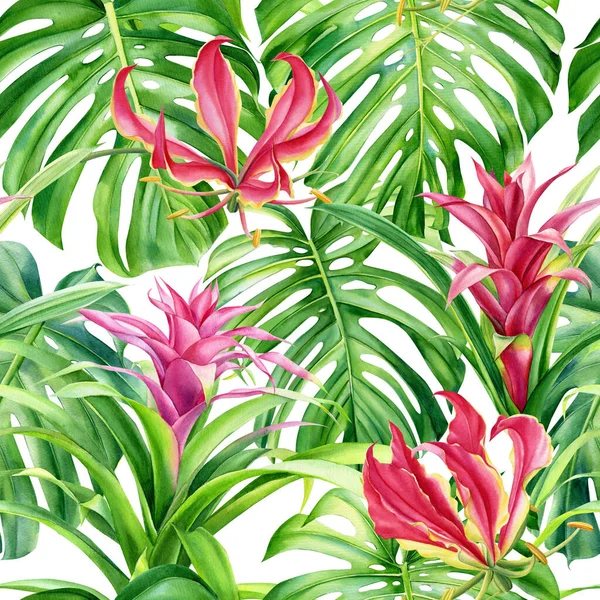 Padrão sem costura tropical de folhas e flores monstera, ilustração aquarela. Fundo floral, papel digital — Fotografia de Stock