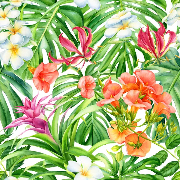 Tropical seamless pattern of monstera leaves and flowers, watercolor illustration. Floral background, digital paper
