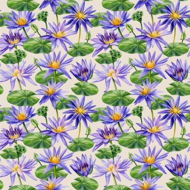 Mor nilüfer çiçekleri ile elle çizilmiş pürüzsüz bir desen. Botanik desen. Yapraklı nilüferler